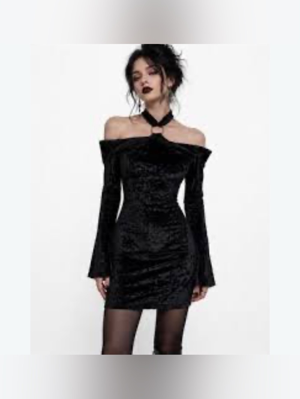 Essue Black Crushed Velvet Mini Dress Off Shoulder Halter Neck Elbow Sleeve Goth